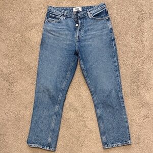 PAIGE Button-Fly High-Rise Straight Jeans in Blue Denim